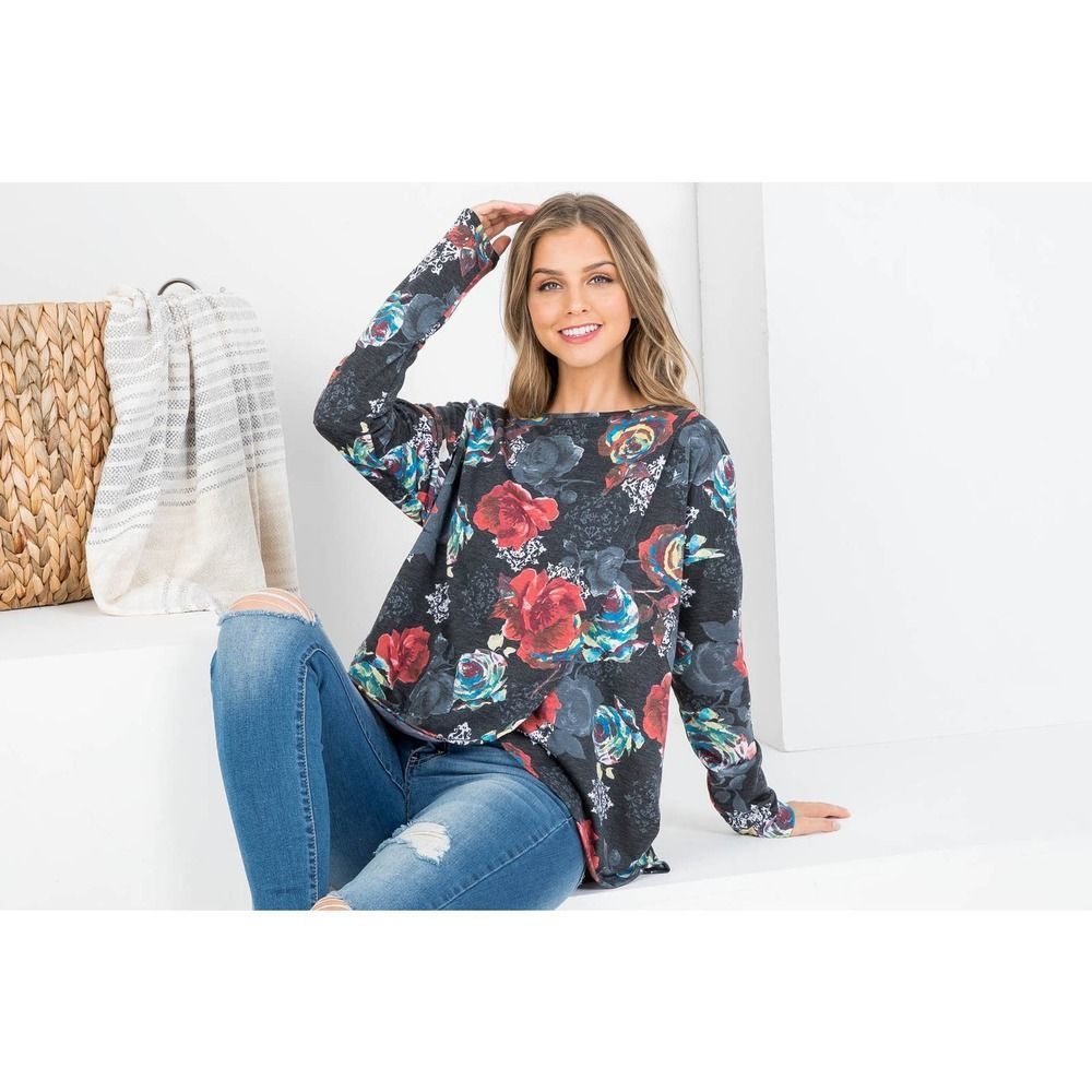Black Floral Wrap Front Tunic Top - Picture 8 of 9